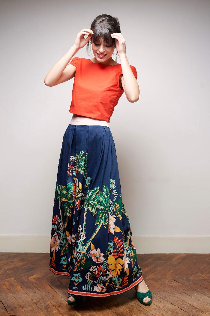 Top La Polyvalente Imprimée Sans Délai Orange-L'AMUSÉE-dentelle,ensemble jupe,jupe,jupe longue,robe longue,taille haute,été 2018