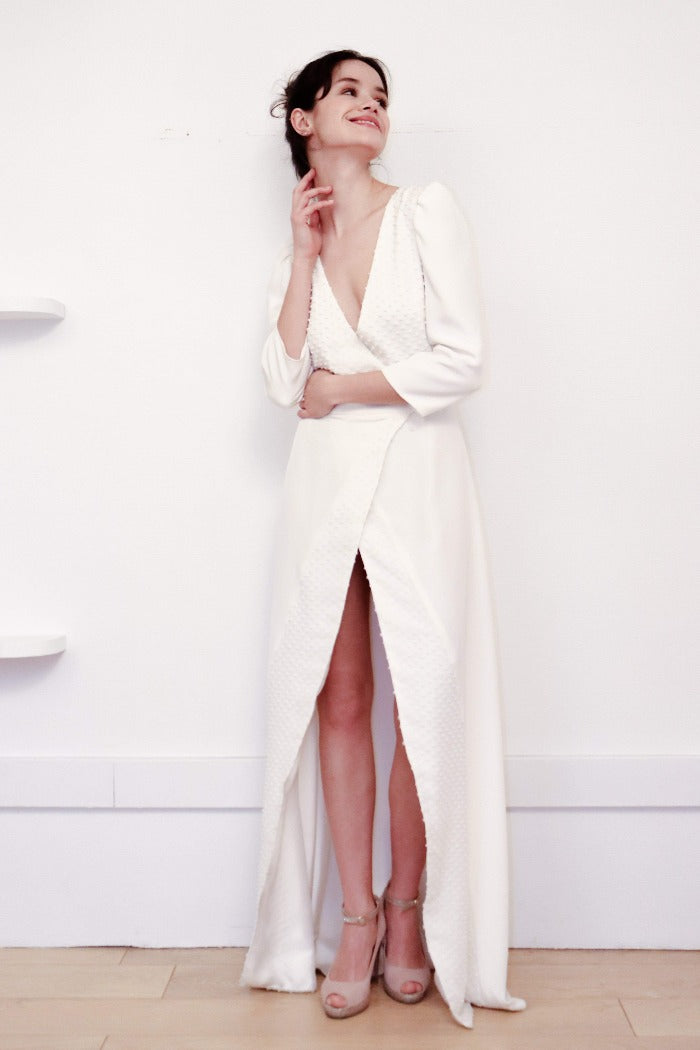 L'Affolante Blanc-L'AMUSÉE-col V,dentelle,dos nu,polyester,robe,robe d'été,robe mi-cuisses