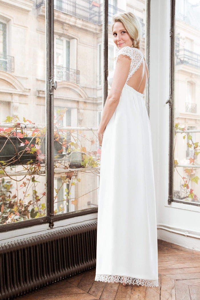 La Baratineuse Cérémonie Blanc Cassé-L'AMUSÉE-dentelle,dos nu,robe,robe courte,taille empire,été 2018