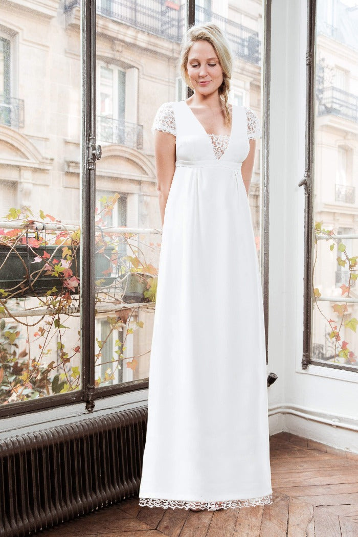 La Baratineuse Cérémonie Blanc Cassé-L'AMUSÉE-dentelle,dos nu,robe,robe courte,taille empire,été 2018