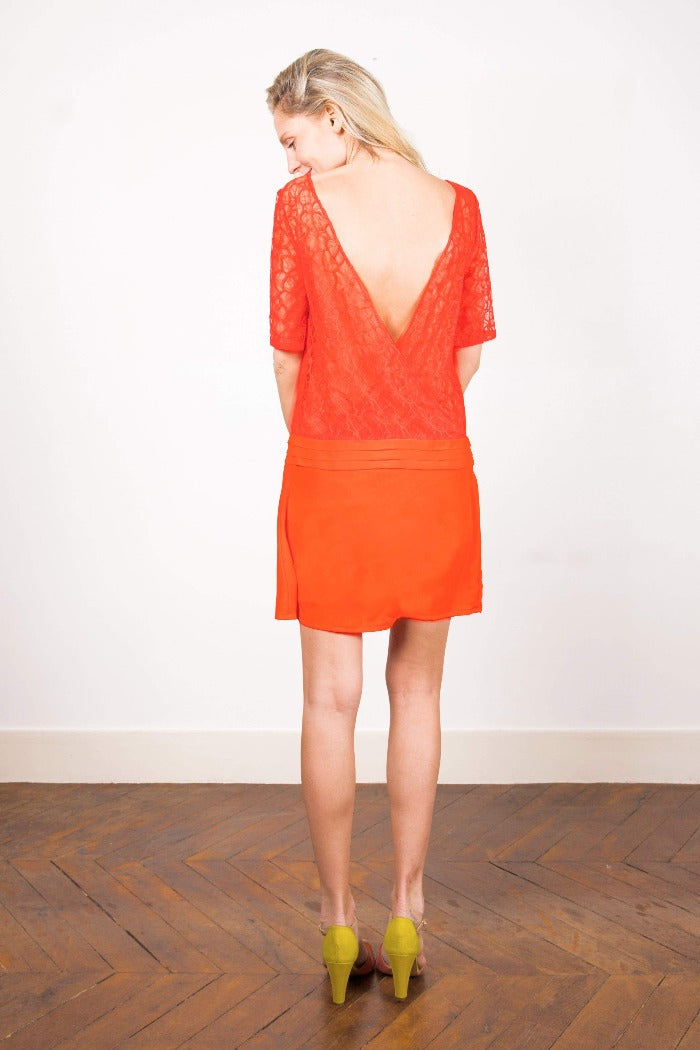 La sophistiquée Orange-L'AMUSÉE-dentelle,dos nu,robe,robe courte,taille basse,été 2018